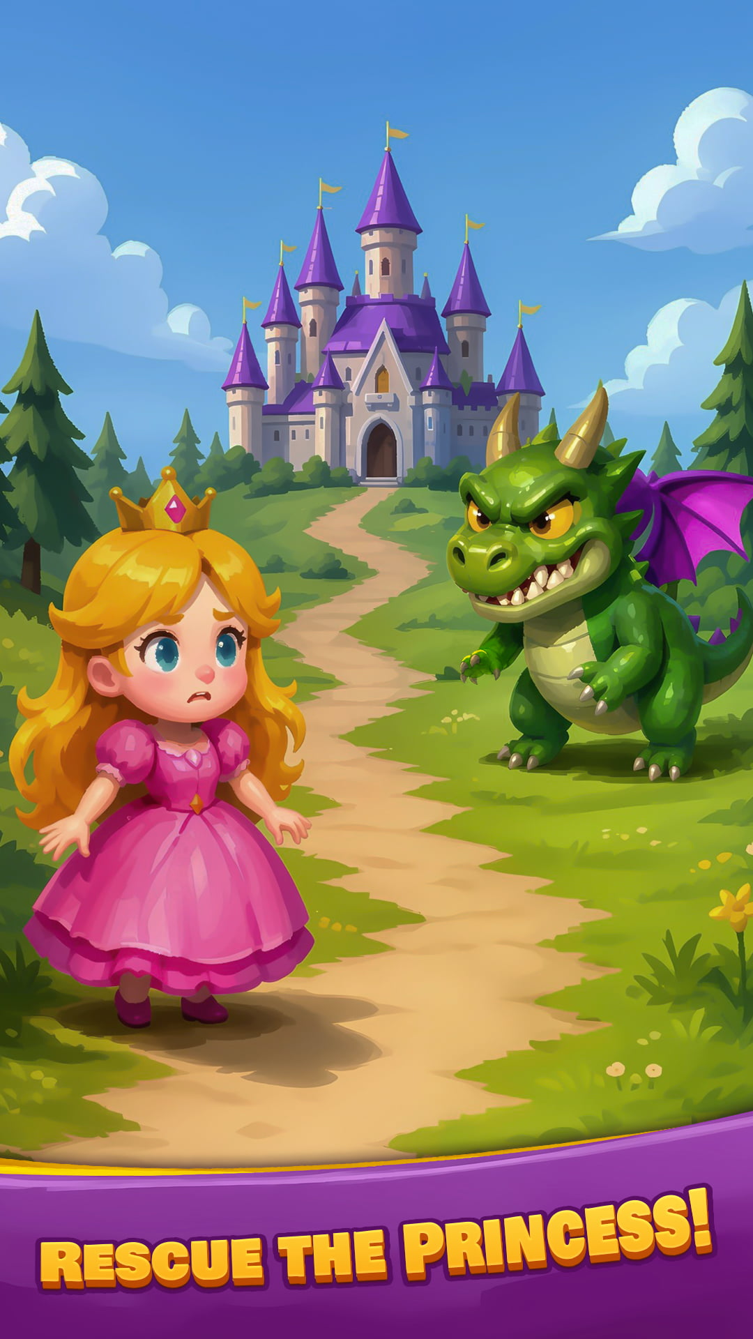 A princess and green dragon on a winding path to a fairytale castle. Rescue the princess!