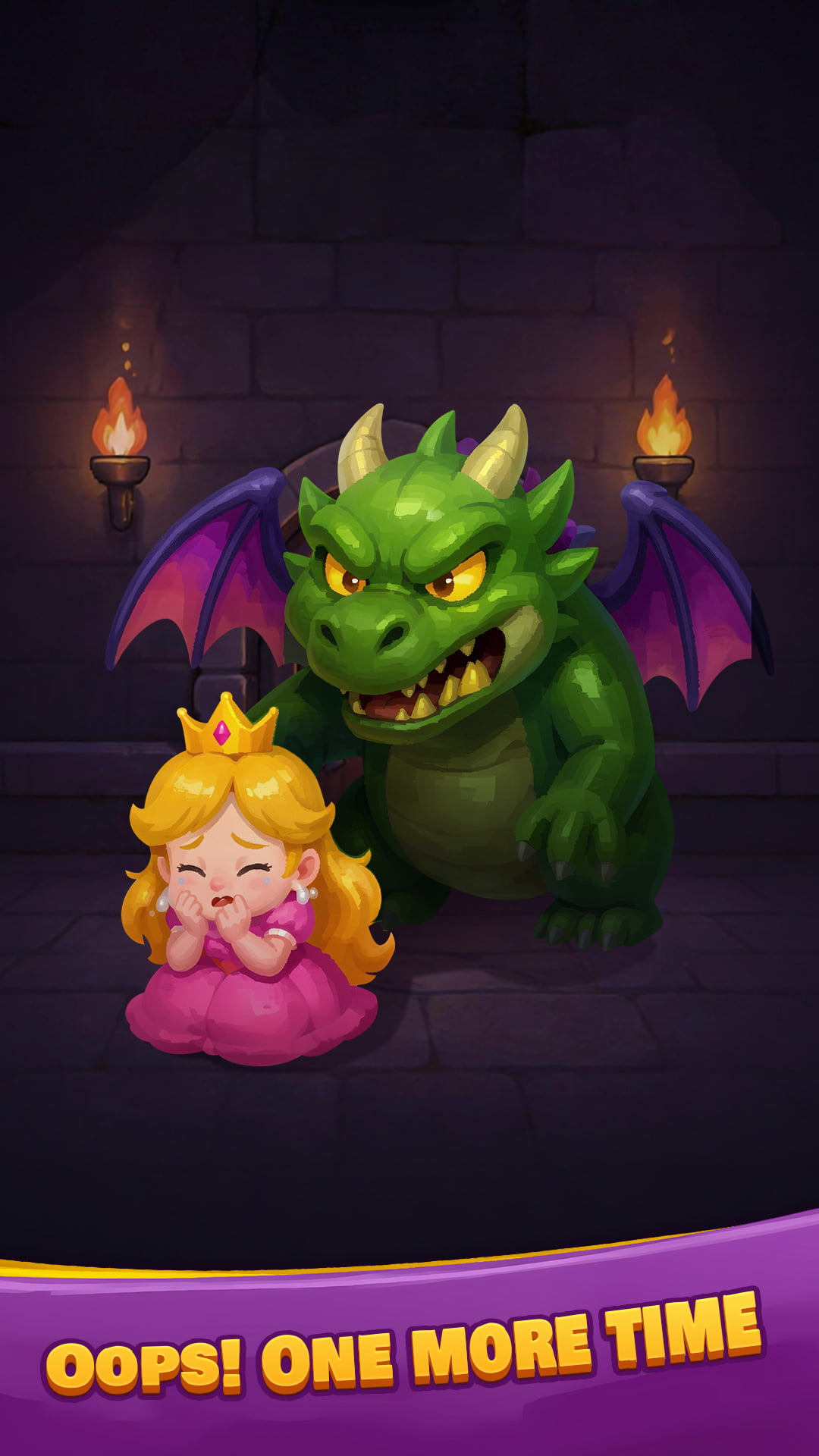 The princess beside the dragon in a torchlit dungeon. Oops! One more time.